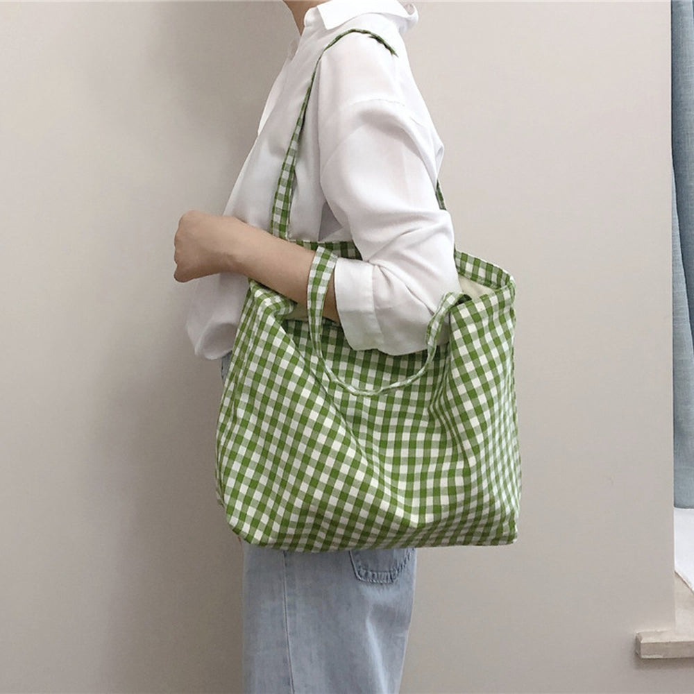 573 Women Cotton Tote Bag Grid Pattern Shoulder Bag for Gym Work School 573 Women Cotton Tote Bag Grid Pattern Shoulder Bag for Gym Work School
